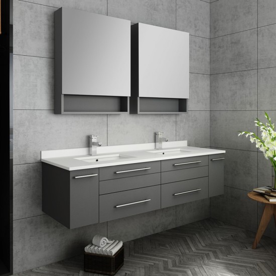 60 Gray Wall Hung Double Undermount Sink Bathroom Vanity w/ Medicine Cabinets