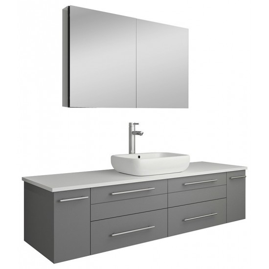 60 Gray Wall Hung Single Vessel Sink Modern Bathroom Vanity w/ Medicine Cabinet