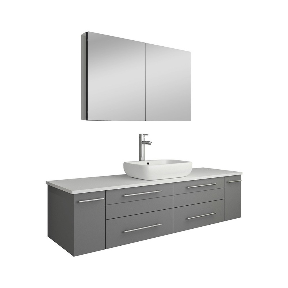 60 Gray Wall Hung Single Vessel Sink Modern Bathroom Vanity w/ Medicine Cabinet