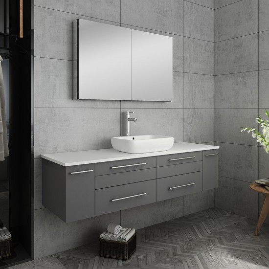 60 Gray Wall Hung Single Vessel Sink Modern Bathroom Vanity w/ Medicine Cabinet