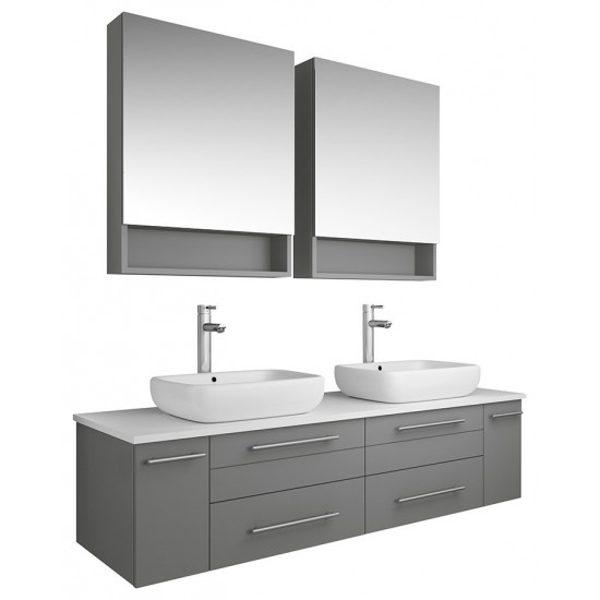 60 Gray Wall Hung Double Vessel Sink Modern Bathroom Vanity w/ Medicine Cabinets