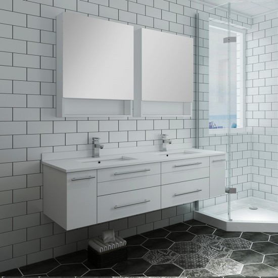 60 White Wall Hung Double Undermount Sink Bathroom Vanity w/ Medicine Cabinets