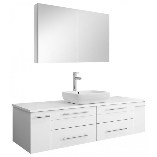 60 White Wall Hung Single Vessel Sink Modern Bathroom Vanity w/ Medicine Cabinet