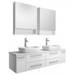 60 White Wall Hung Double Vessel Sink Bathroom Vanity w/ Medicine Cabinets