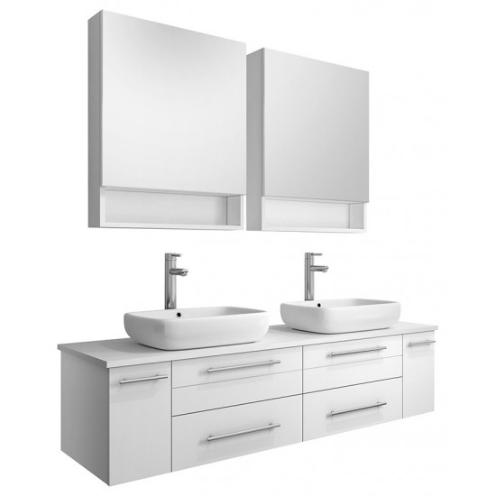 60 White Wall Hung Double Vessel Sink Bathroom Vanity w/ Medicine Cabinets