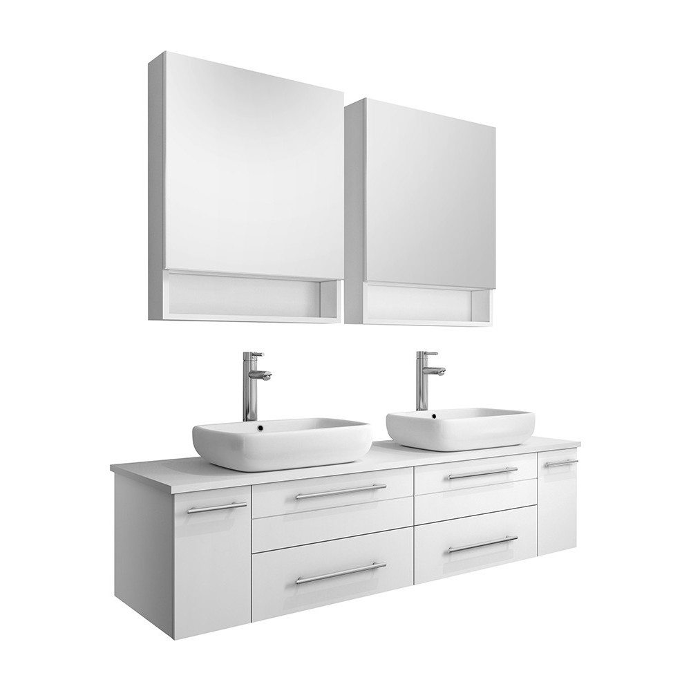 60 White Wall Hung Double Vessel Sink Bathroom Vanity w/ Medicine Cabinets