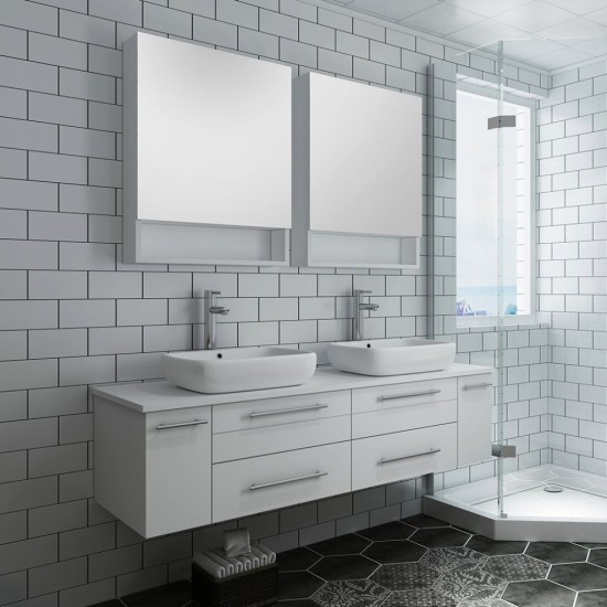 60 White Wall Hung Double Vessel Sink Bathroom Vanity w/ Medicine Cabinets