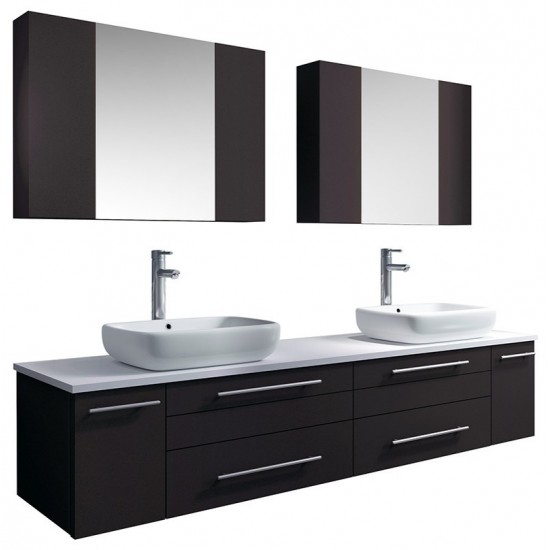 72 Espresso Wall Hung Double Vessel Sink Bathroom Vanity w/ Medicine Cabinets