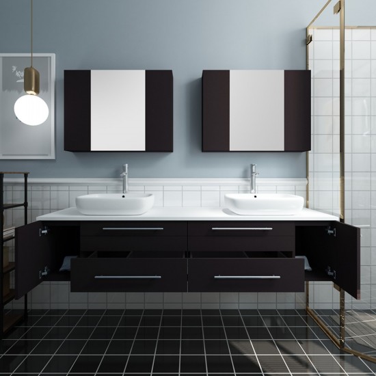 72 Espresso Wall Hung Double Vessel Sink Bathroom Vanity w/ Medicine Cabinets