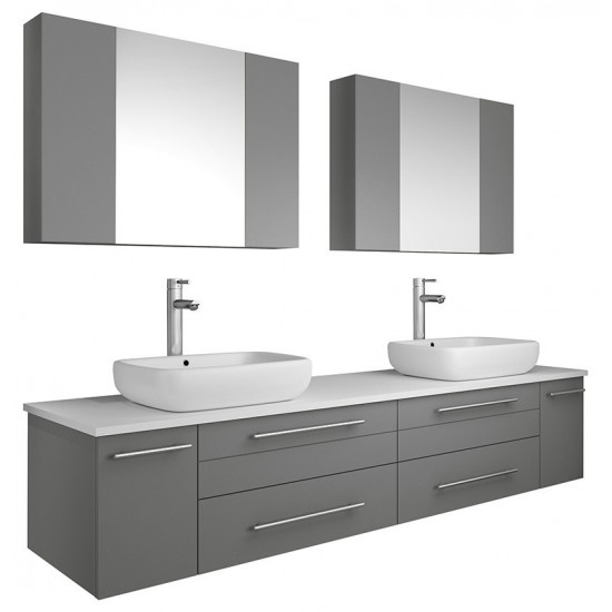 72 Gray Wall Hung Double Vessel Sink Modern Bathroom Vanity w/ Medicine Cabinets