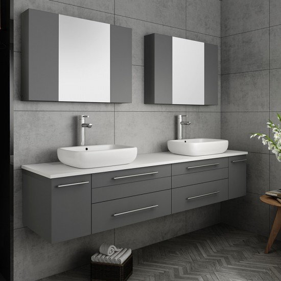 72 Gray Wall Hung Double Vessel Sink Modern Bathroom Vanity w/ Medicine Cabinets