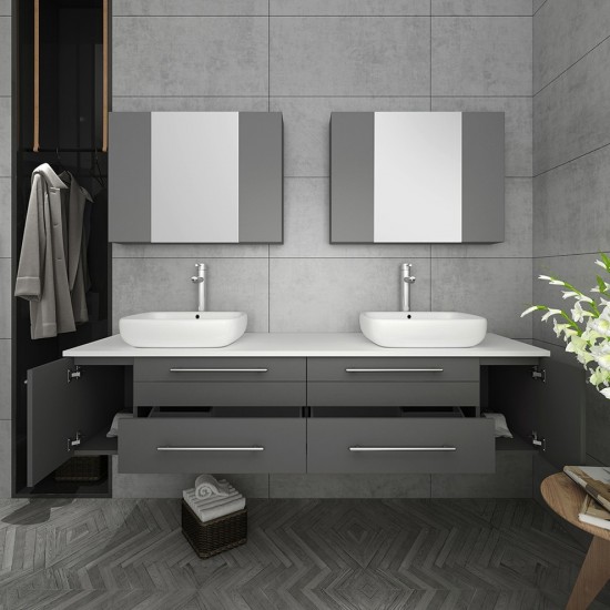 72 Gray Wall Hung Double Vessel Sink Modern Bathroom Vanity w/ Medicine Cabinets