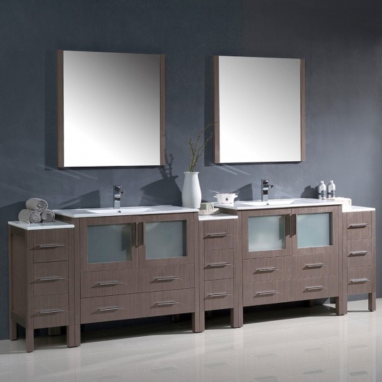 108 Gray Oak Double Sink Bathroom Vanity w/ 3 Side Cabinets & Integrated Sinks