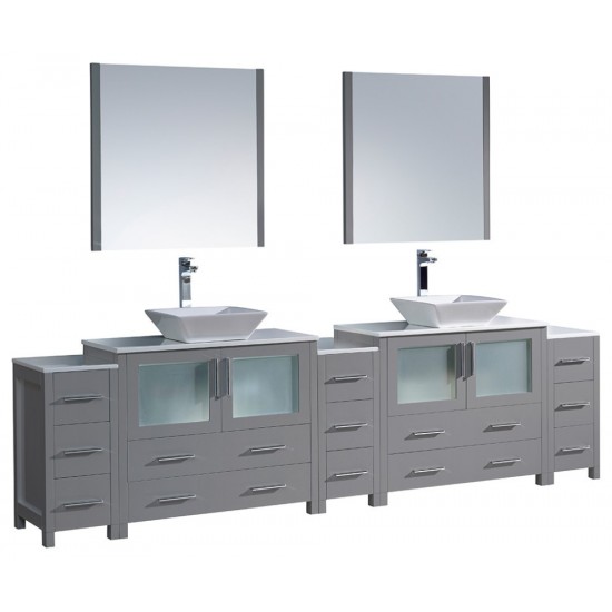 108 Gray Modern Double Sink Bathroom Vanity w/ 3 Side Cabinets & Vessel Sinks