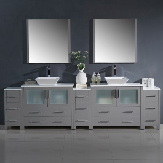 108 Gray Modern Double Sink Bathroom Vanity w/ 3 Side Cabinets & Vessel Sinks