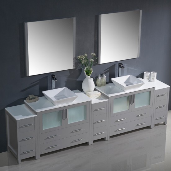 108 Gray Modern Double Sink Bathroom Vanity w/ 3 Side Cabinets & Vessel Sinks