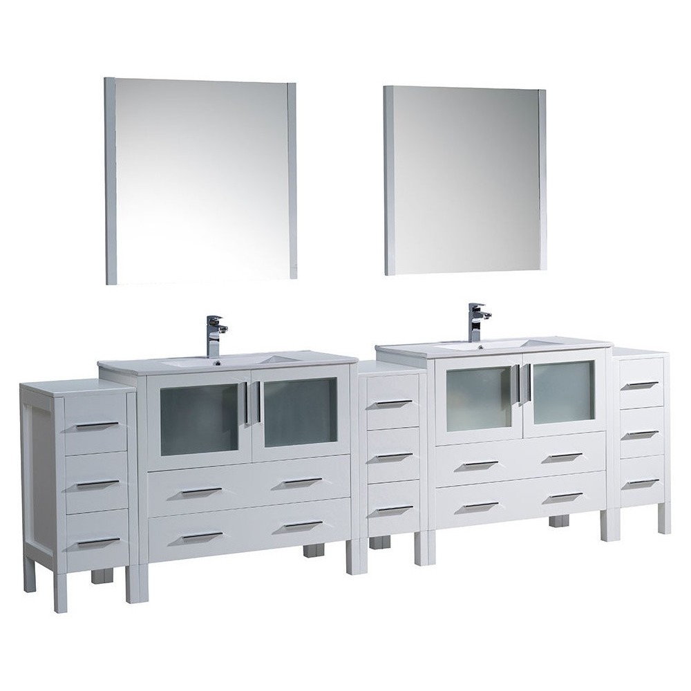 108 White Double Sink Bathroom Vanity w/ 3 Side Cabinets & Integrated Sinks