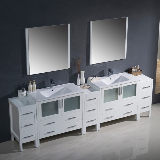 108 White Double Sink Bathroom Vanity w/ 3 Side Cabinets & Integrated Sinks