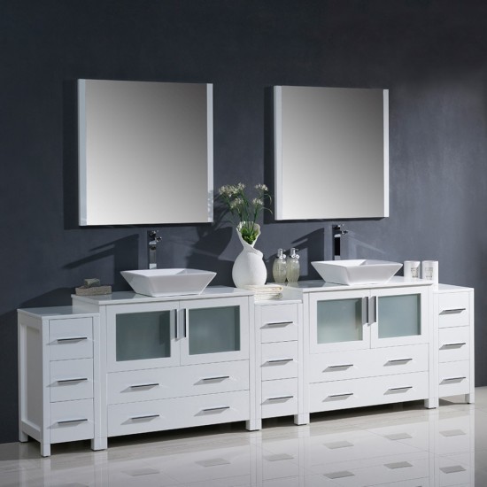 108 White Modern Double Sink Bathroom Vanity w/ 3 Side Cabinets & Vessel Sinks