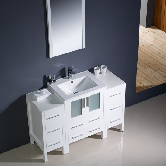 Torino 48" White Modern Bathroom Vanity w/ 2 Side Cabinets & Integrated Sink