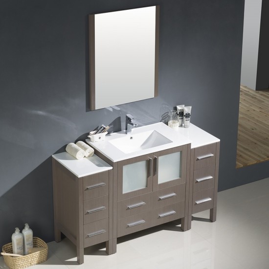 Torino 54" Gray Oak Modern Bathroom Vanity w/ 2 Side Cabinets & Integrated Sink