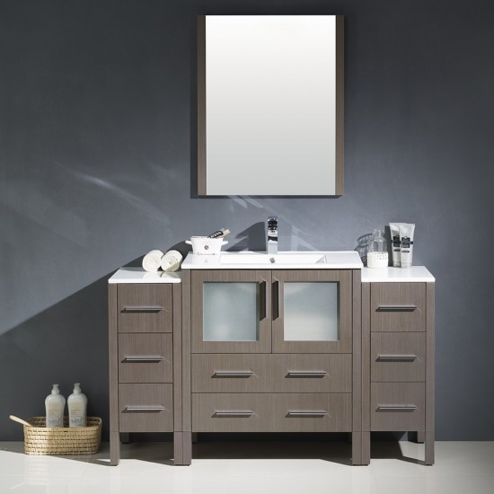 Torino 54" Gray Oak Modern Bathroom Vanity w/ 2 Side Cabinets & Integrated Sink