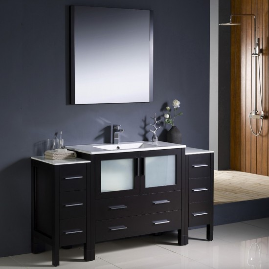 Torino 60" Espresso Modern Bathroom Vanity w/ 2 Side Cabinets & Integrated Sink