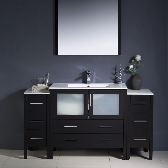 Torino 60" Espresso Modern Bathroom Vanity w/ 2 Side Cabinets & Integrated Sink