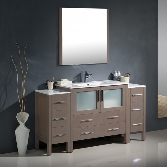 Torino 60" Gray Oak Modern Bathroom Vanity w/ 2 Side Cabinets & Integrated Sink