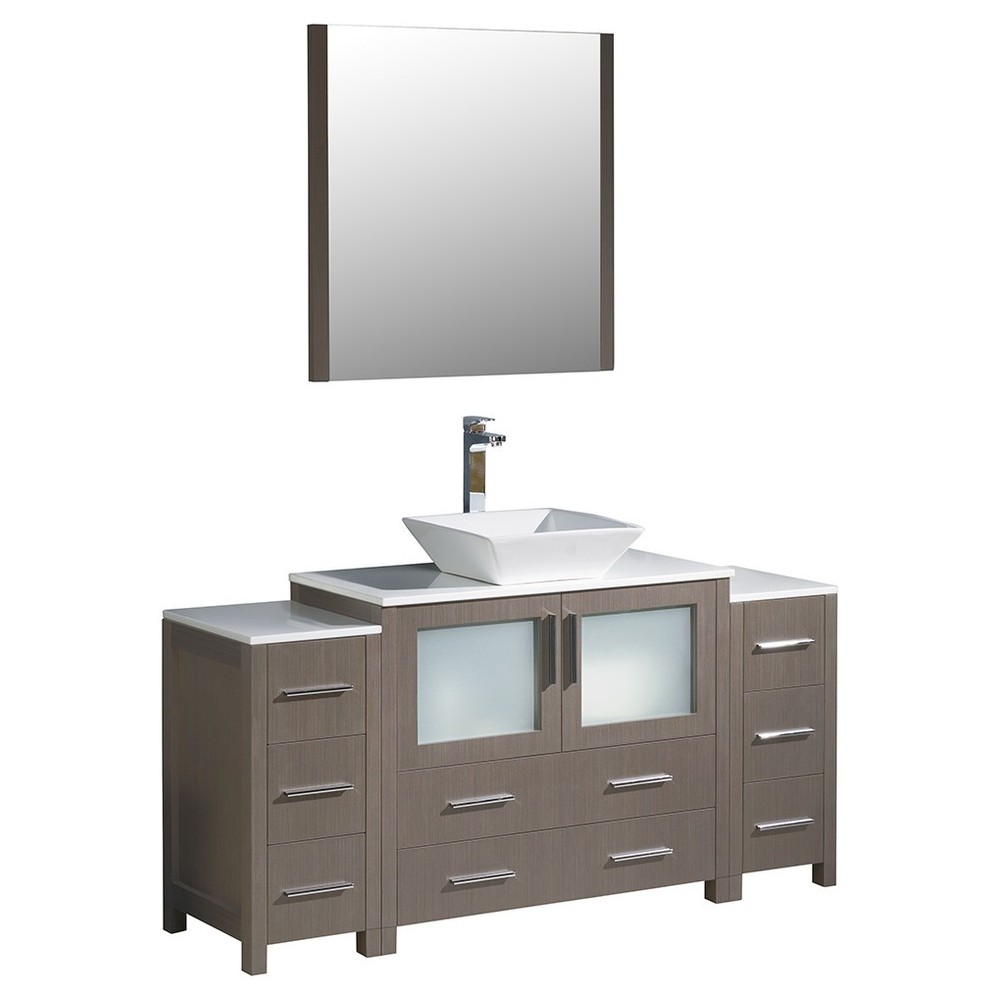 Torino 60" Gray Oak Modern Bathroom Vanity w/ 2 Side Cabinets & Vessel Sink