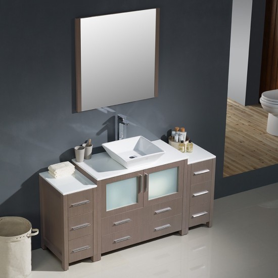 Torino 60" Gray Oak Modern Bathroom Vanity w/ 2 Side Cabinets & Vessel Sink