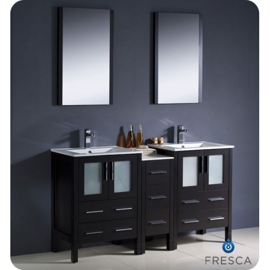 60 Espresso Double Sink Bathroom Vanity w/ Side Cabinet & Integrated Sinks
