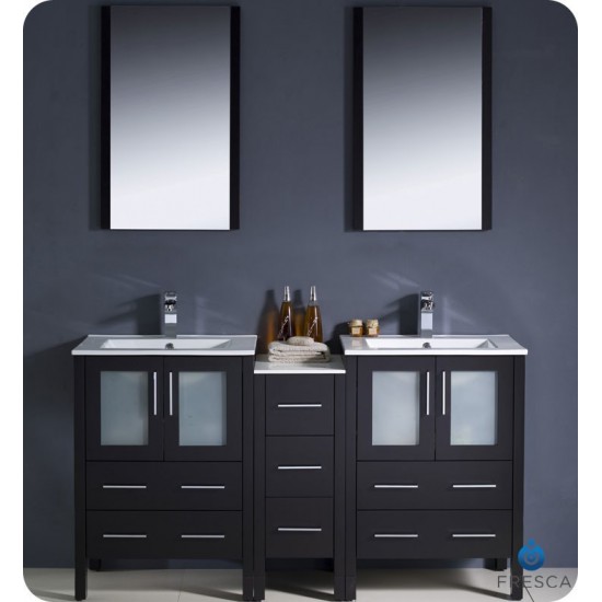 60 Espresso Double Sink Bathroom Vanity w/ Side Cabinet & Integrated Sinks