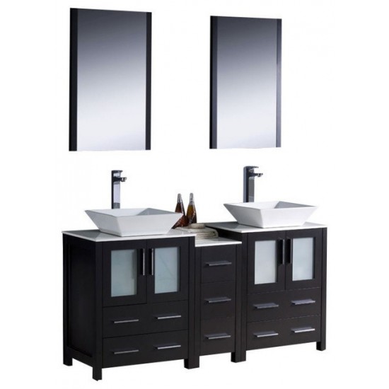 60 Espresso Modern Double Sink Bathroom Vanity w/ Side Cabinet & Vessel Sinks