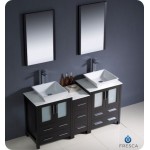 60 Espresso Modern Double Sink Bathroom Vanity w/ Side Cabinet & Vessel Sinks