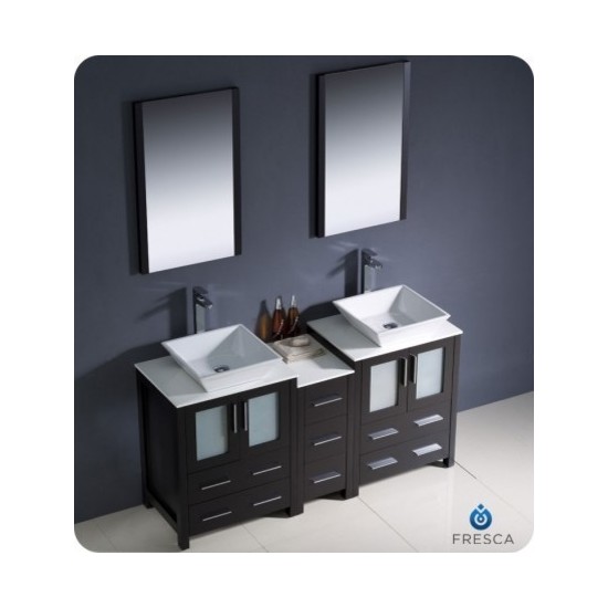 60 Espresso Modern Double Sink Bathroom Vanity w/ Side Cabinet & Vessel Sinks