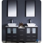 60 Espresso Modern Double Sink Bathroom Vanity w/ Side Cabinet & Vessel Sinks