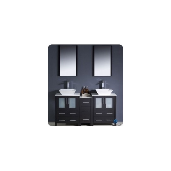 60 Espresso Modern Double Sink Bathroom Vanity w/ Side Cabinet & Vessel Sinks