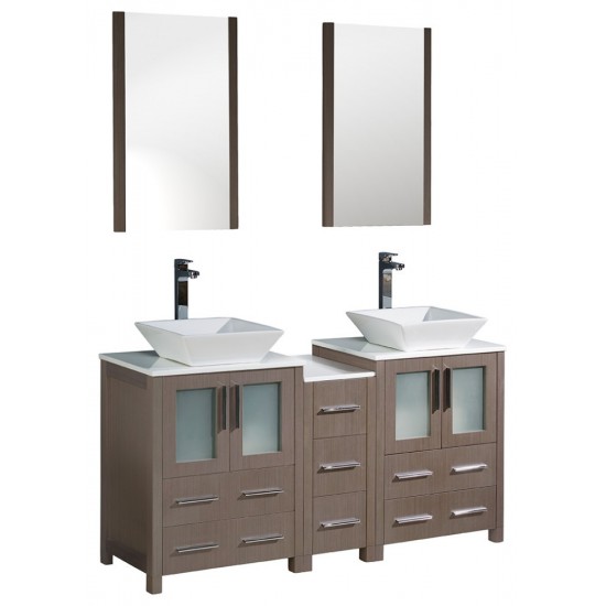 60 Gray Oak Modern Double Sink Bathroom Vanity w/ Side Cabinet & Vessel Sinks