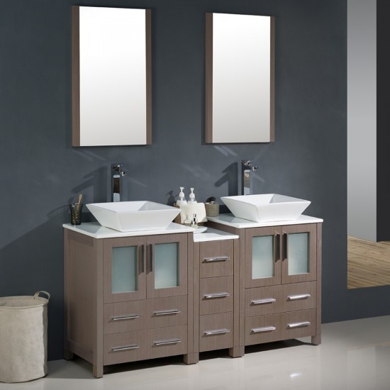 60 Gray Oak Modern Double Sink Bathroom Vanity w/ Side Cabinet & Vessel Sinks