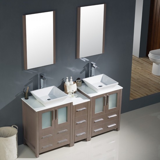 60 Gray Oak Modern Double Sink Bathroom Vanity w/ Side Cabinet & Vessel Sinks