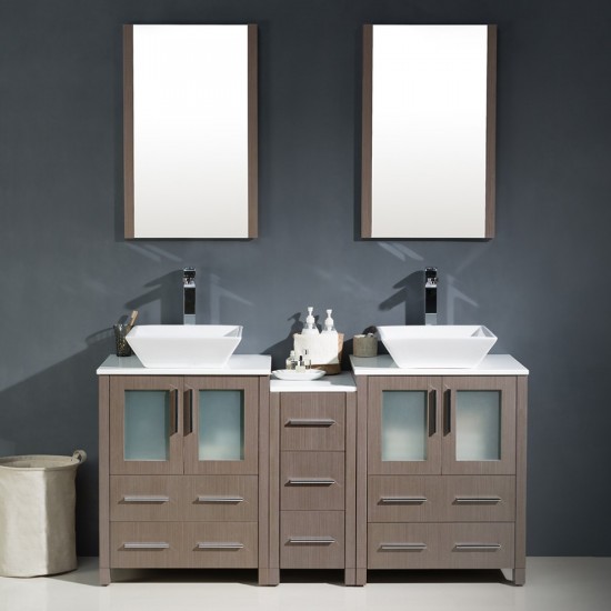 60 Gray Oak Modern Double Sink Bathroom Vanity w/ Side Cabinet & Vessel Sinks