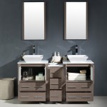 60 Gray Oak Modern Double Sink Bathroom Vanity w/ Side Cabinet & Vessel Sinks