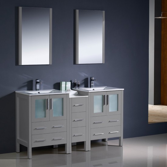 60 Gray Modern Double Sink Bathroom Vanity w/ Side Cabinet & Integrated Sinks