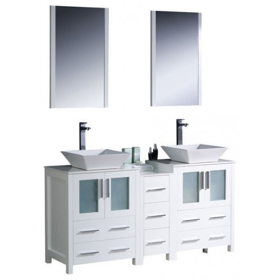 Torino 60 White Modern Double Sink Bathroom Vanity w/ Side Cabinet, Vessel Sinks