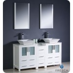 Torino 60 White Modern Double Sink Bathroom Vanity w/ Side Cabinet, Vessel Sinks