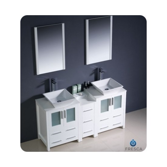 Torino 60 White Modern Double Sink Bathroom Vanity w/ Side Cabinet, Vessel Sinks