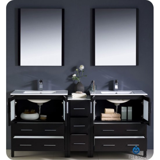 72 Espresso Double Sink Bathroom Vanity w/ Side Cabinet & Integrated Sinks