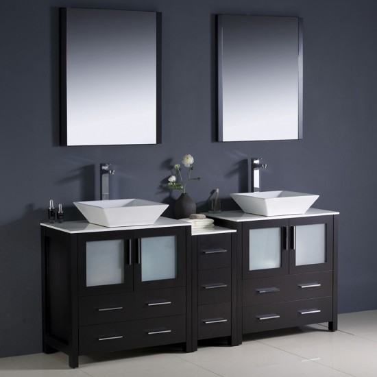 72 Espresso Modern Double Sink Bathroom Vanity w/ Side Cabinet & Vessel Sinks