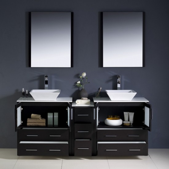 72 Espresso Modern Double Sink Bathroom Vanity w/ Side Cabinet & Vessel Sinks